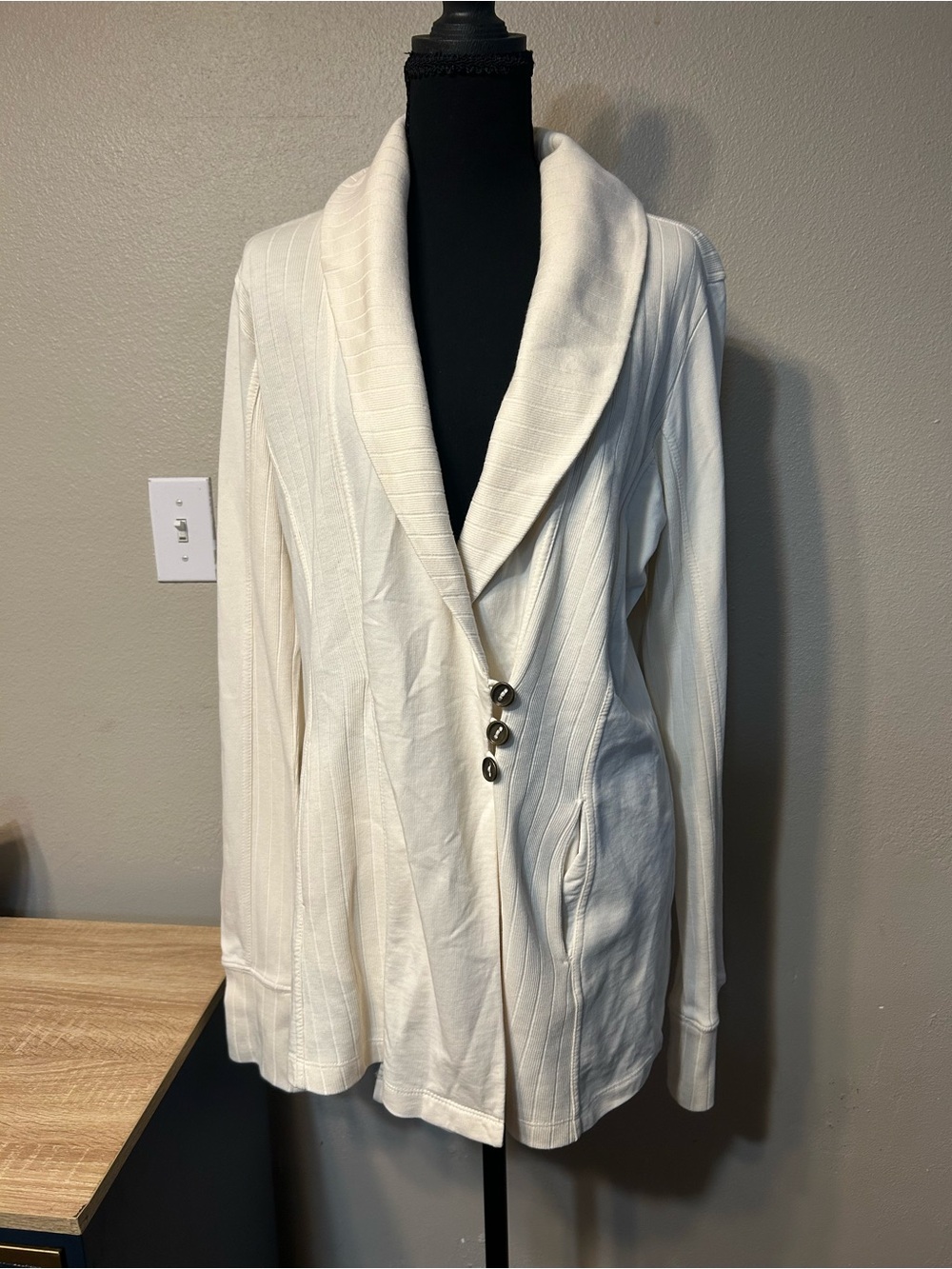 Lucky Lotus by Lucky Brand Cardigan Women L Ivory Shawl Collar 3 Button Ribbed